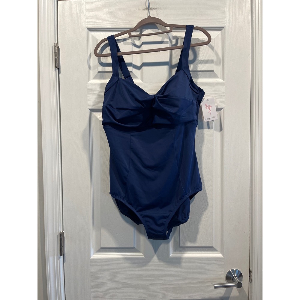 ShapeSolver Sport by Mimi Flamingo Navy Blue One Piece Swimsuit Size 18 NWT